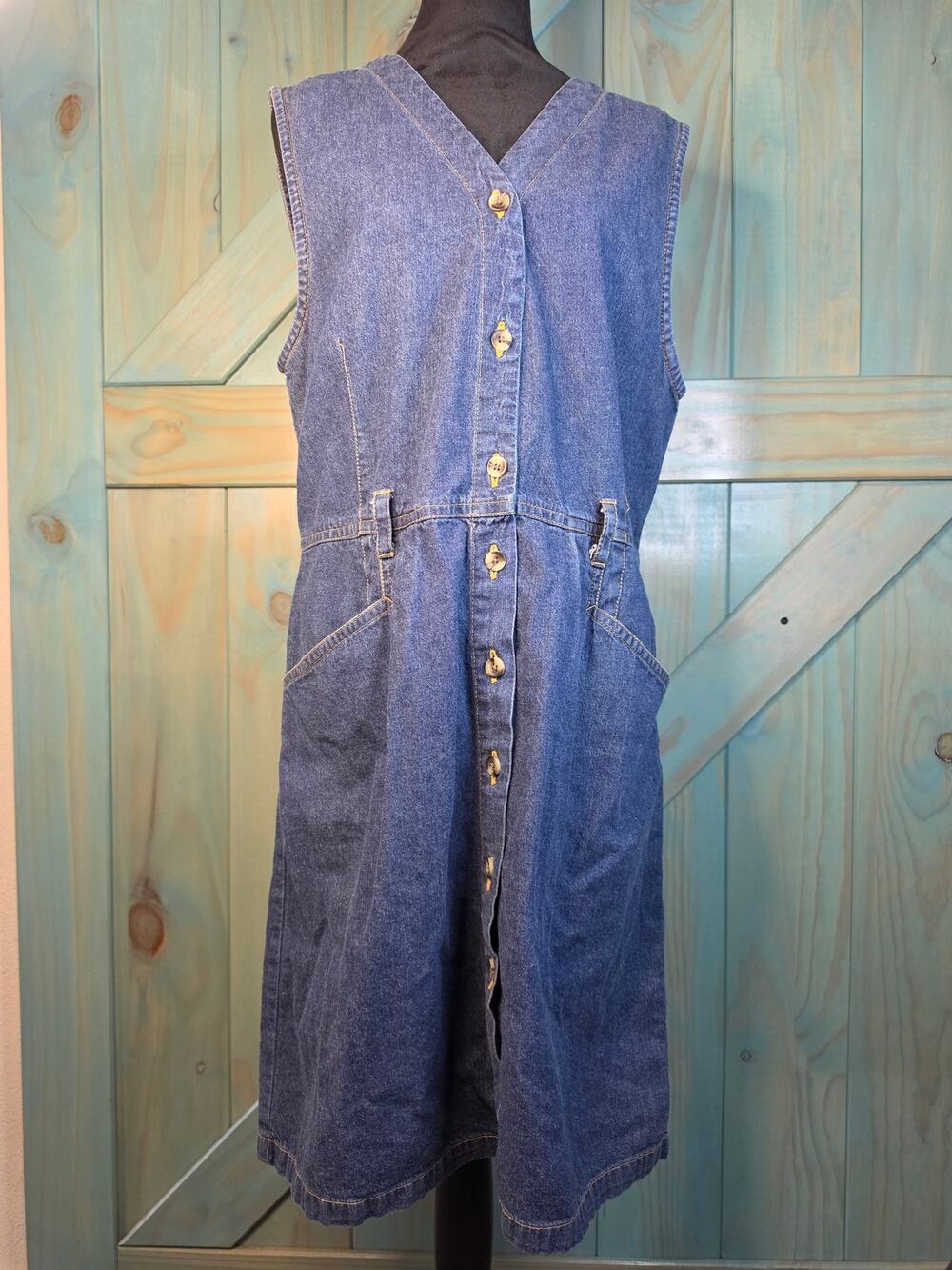 Vintage Denim Midi Tank Dress V-neck Front Pockets Button-up 100% Cotton 90s Y2K
